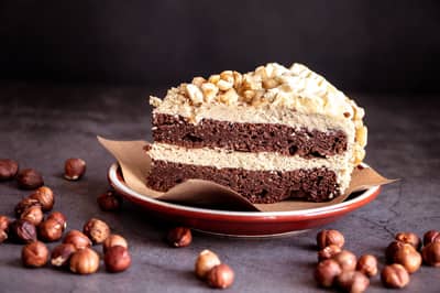 A layered hazelnut dacquoise with nut-studded cream