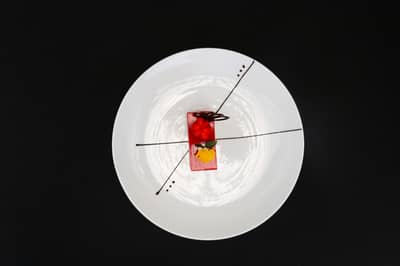 A modern plated dessert using gels and textures