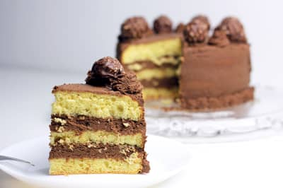 Opera cake slices showing thin joconde sponge layers