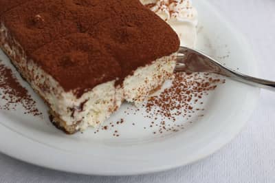 A slice of tiramisu built on mascarpone cream