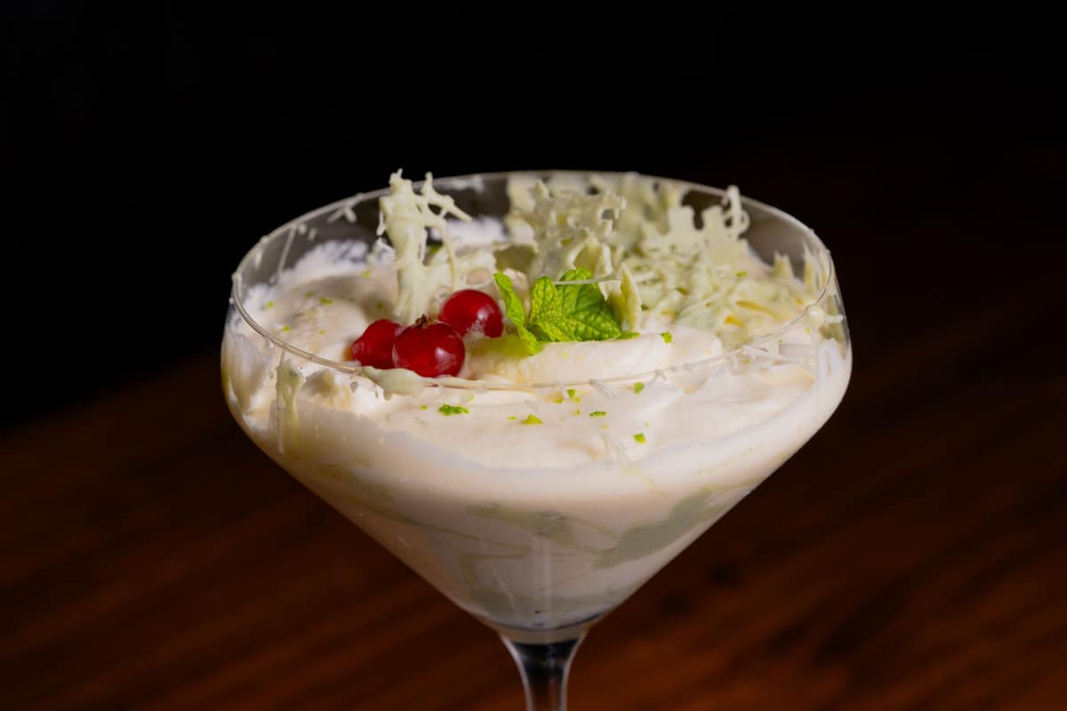 A glass of silky white-chocolate namelaka cream