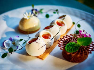 An artistically plated restaurant dessert