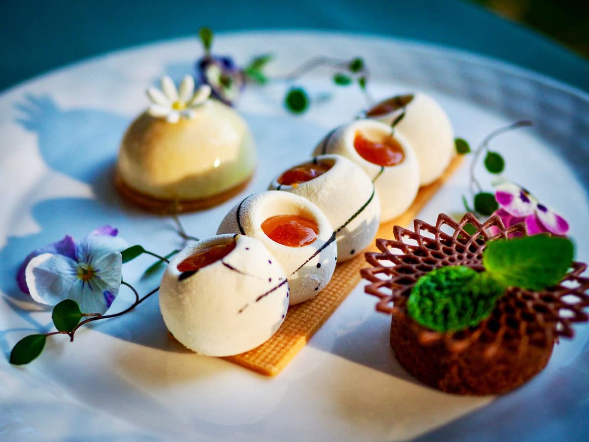 An artistically plated restaurant dessert