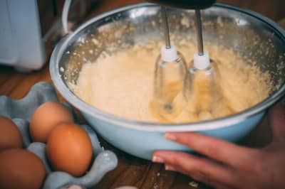 Eggs and sugar whisked pale and thick to the ribbon stage