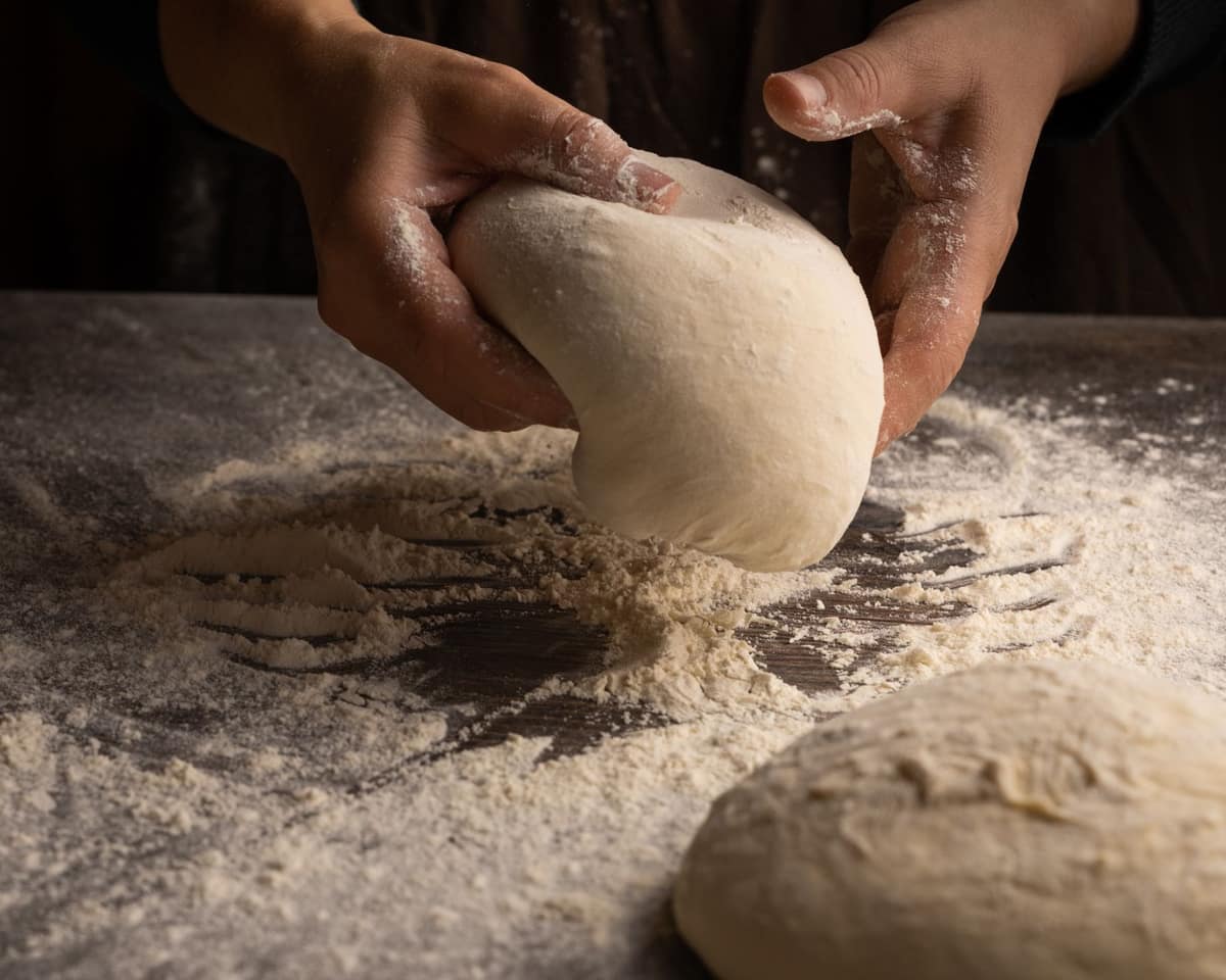 Hands shaping a taut round of bread dough on a floured counter