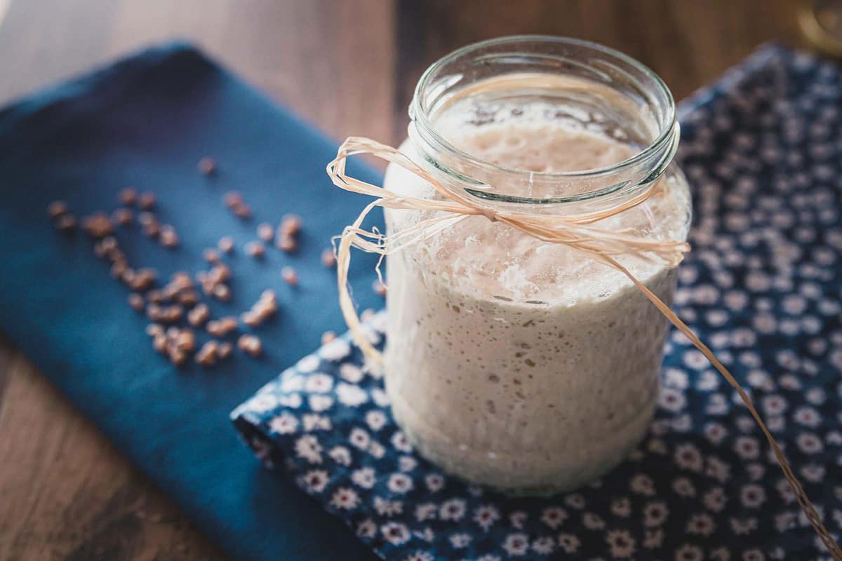 A bubbly sourdough starter in a glass jar